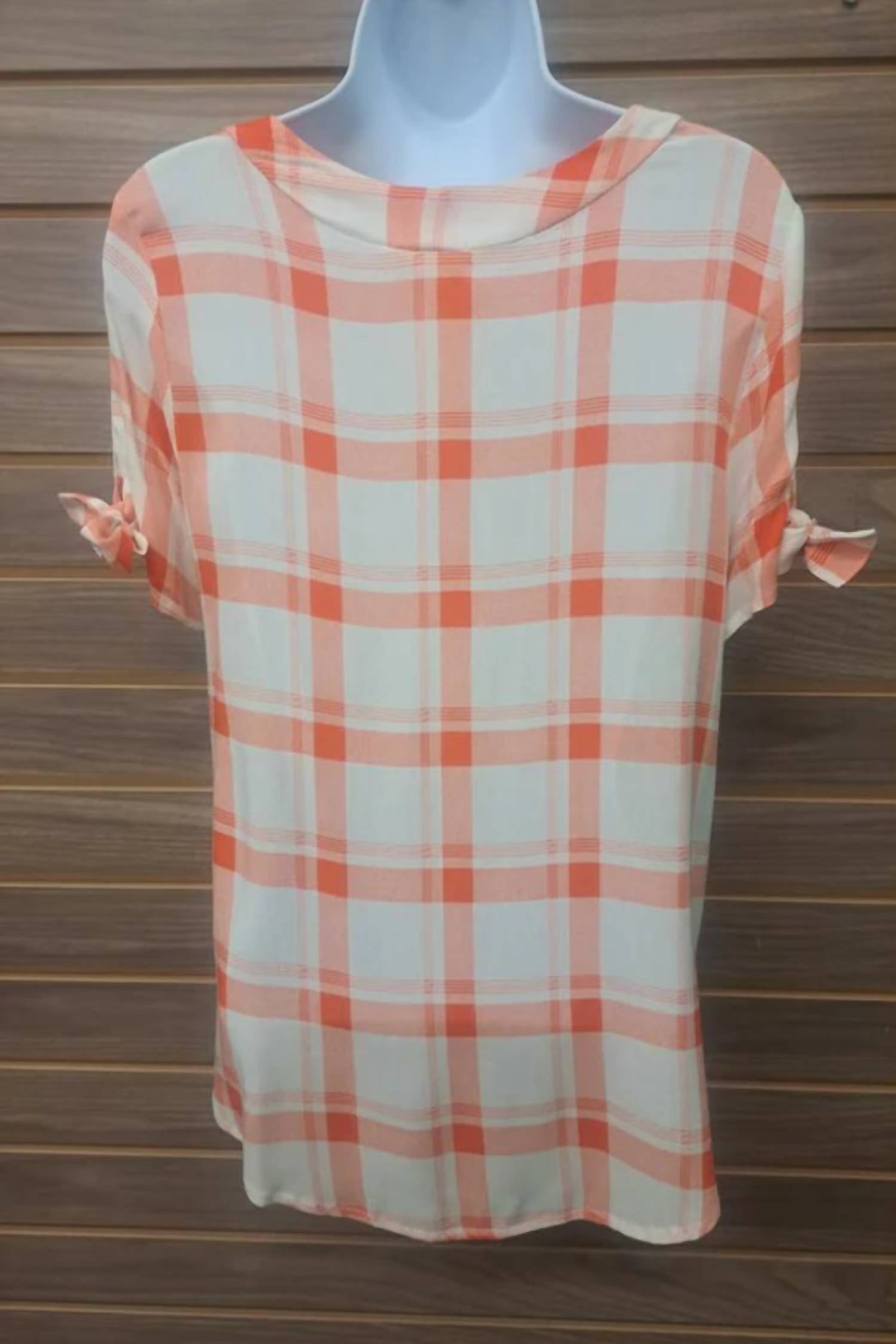 Moci - Women's Tied Short Sleeve Plaid Linen Blouse
