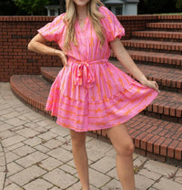 umgee Two-Tone Bow Flutter Dress in bubble gum pink - women's dress - detail view