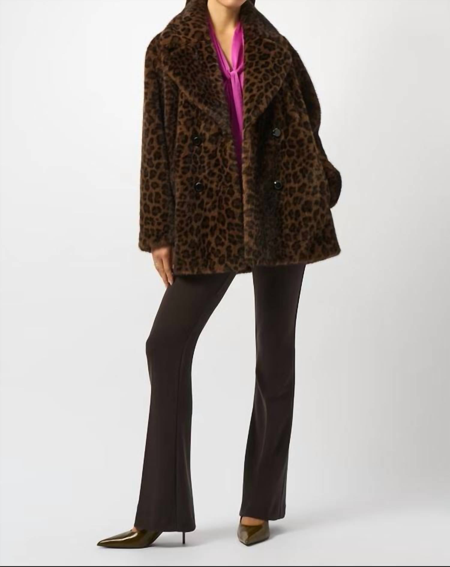 Joseph Ribkoff Leopard Print Faux Fur Coat in beige black 1 - women's jacket - alternate view