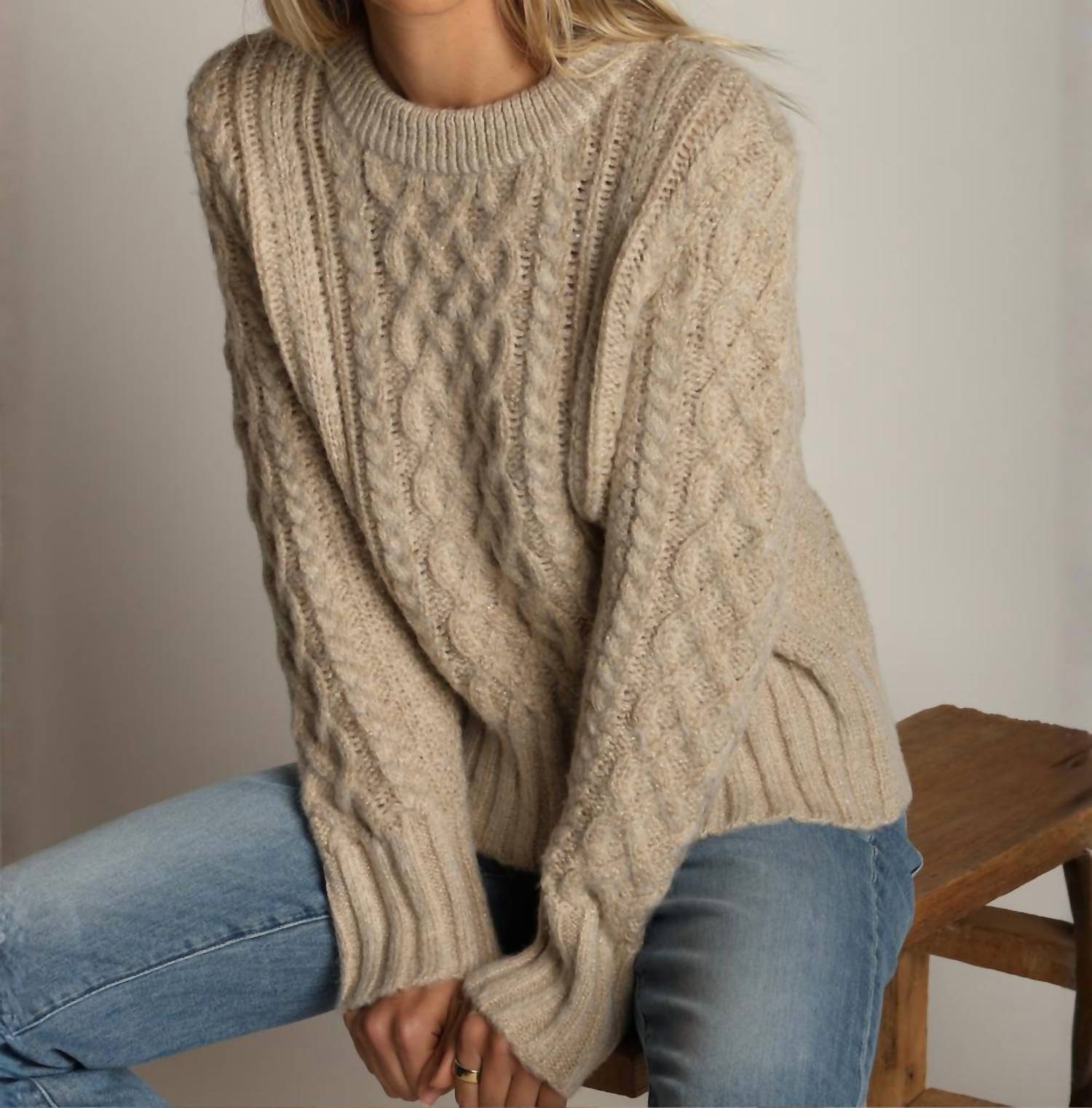 Dylan Serena Cable Knit Pullover in oatmeal - women's cardigan - detail view