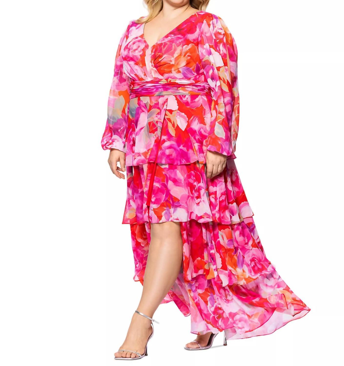 Xscape - Norene Print Chiffon Long Sleeve Ruffle Floor Length Dress - Plus