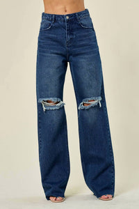 Saints & Hearts Daria Wide Leg Busted Knee Jeans in dark denim - women's pants