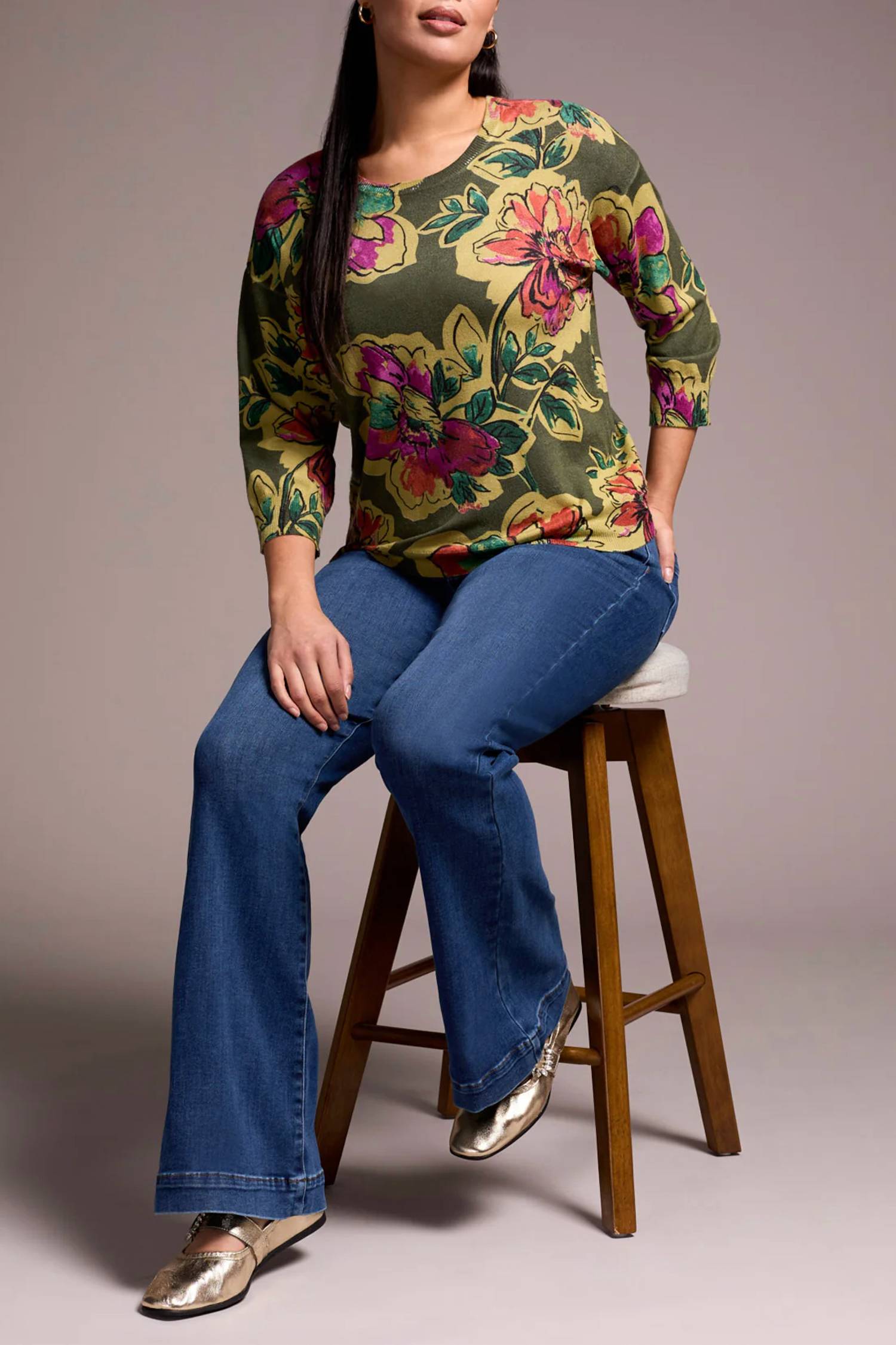 Tribal - Syra Soft Yarn Three-quarter Sleeve Crewneck Sweater