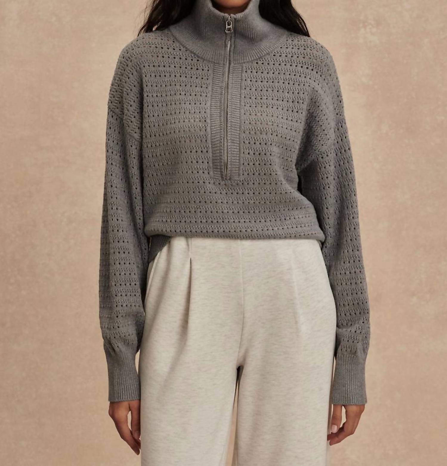 VARLEY Darla Half Zip Knit Sweater in silver filigree melange - women's sweater - detail view