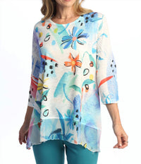 Jess & Jane Flora Chiffon Hem Top in light blue multi - women's blouse - detail view