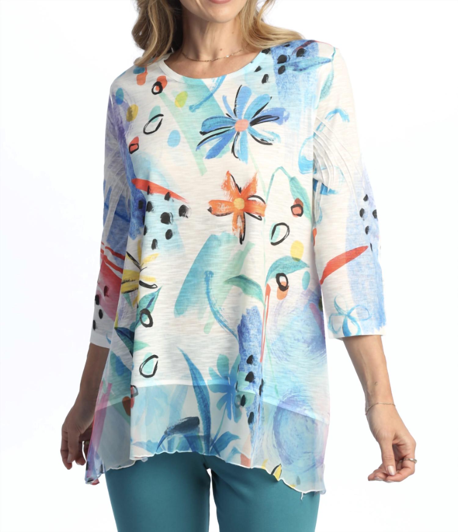 Jess & Jane Flora Chiffon Hem Top in light blue multi - women's blouse - detail view
