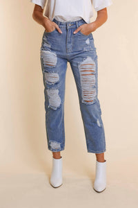 The Savannah Mid Rise Straight Fit Distressed Denim