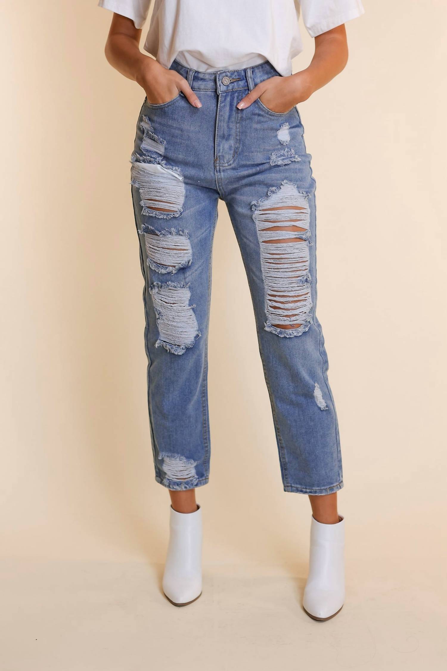The Savannah Mid Rise Straight Fit Distressed Denim