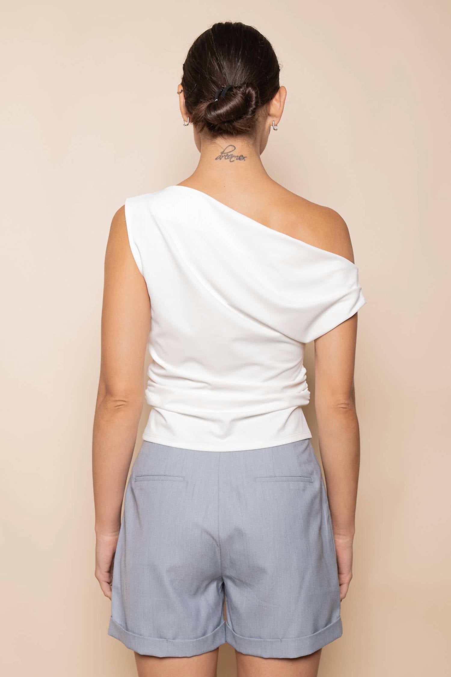Fore Collection Soft Drape One Shoulder Top in white - women's t-shirt - detail view