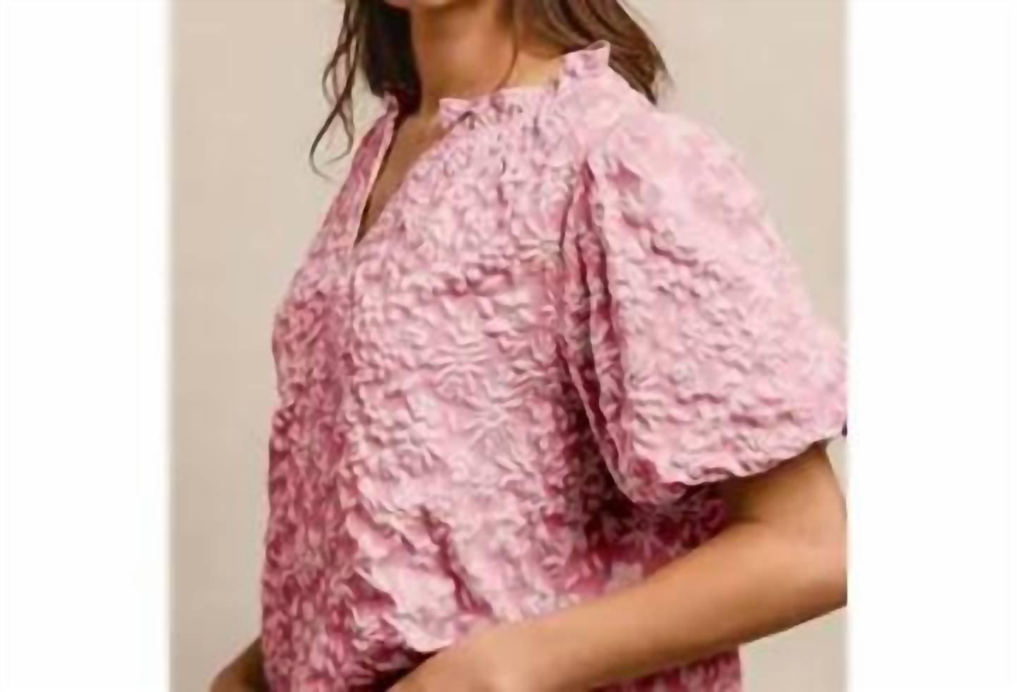Bibi - Floral Pattern Texture Sleeve Ruffle Neck Top