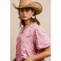 Bibi - Floral Pattern Texture Sleeve Ruffle Neck Top