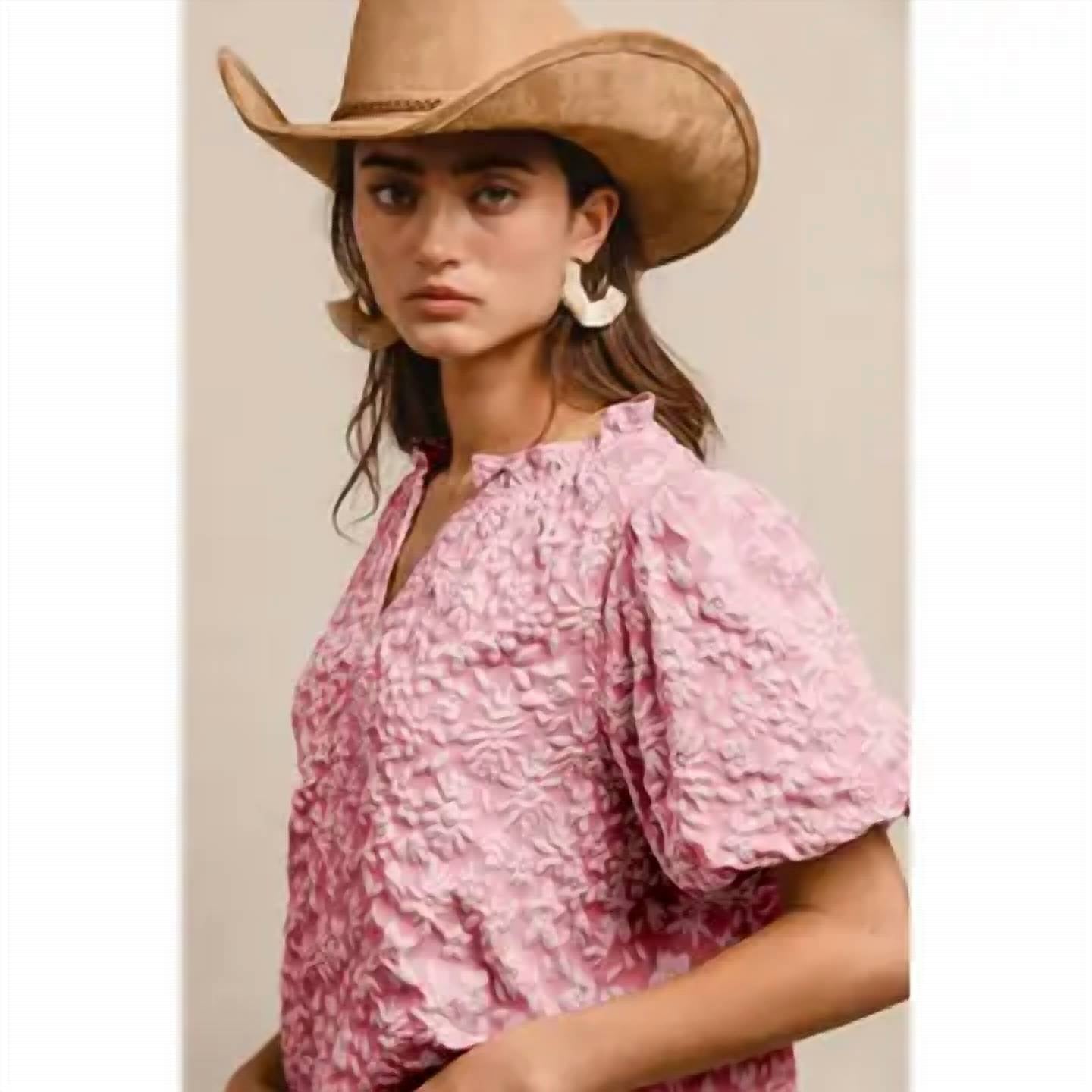 Bibi - Floral Pattern Texture Sleeve Ruffle Neck Top