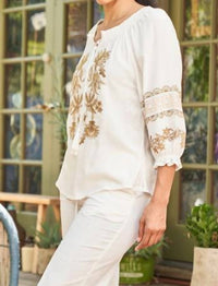 Paparazzi - Linen Blend Embroidered Peasant Shirt