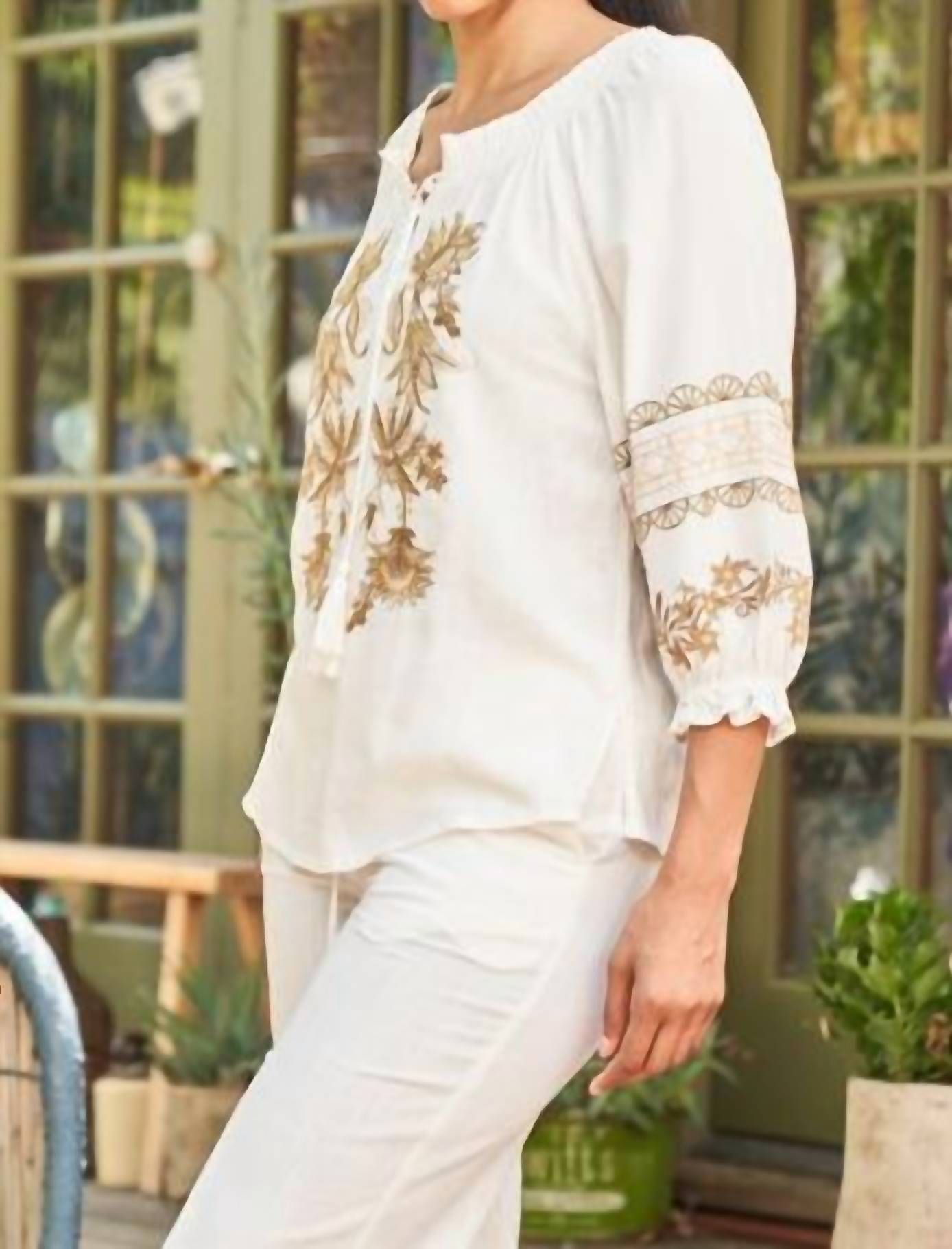 Paparazzi - Linen Blend Embroidered Peasant Shirt