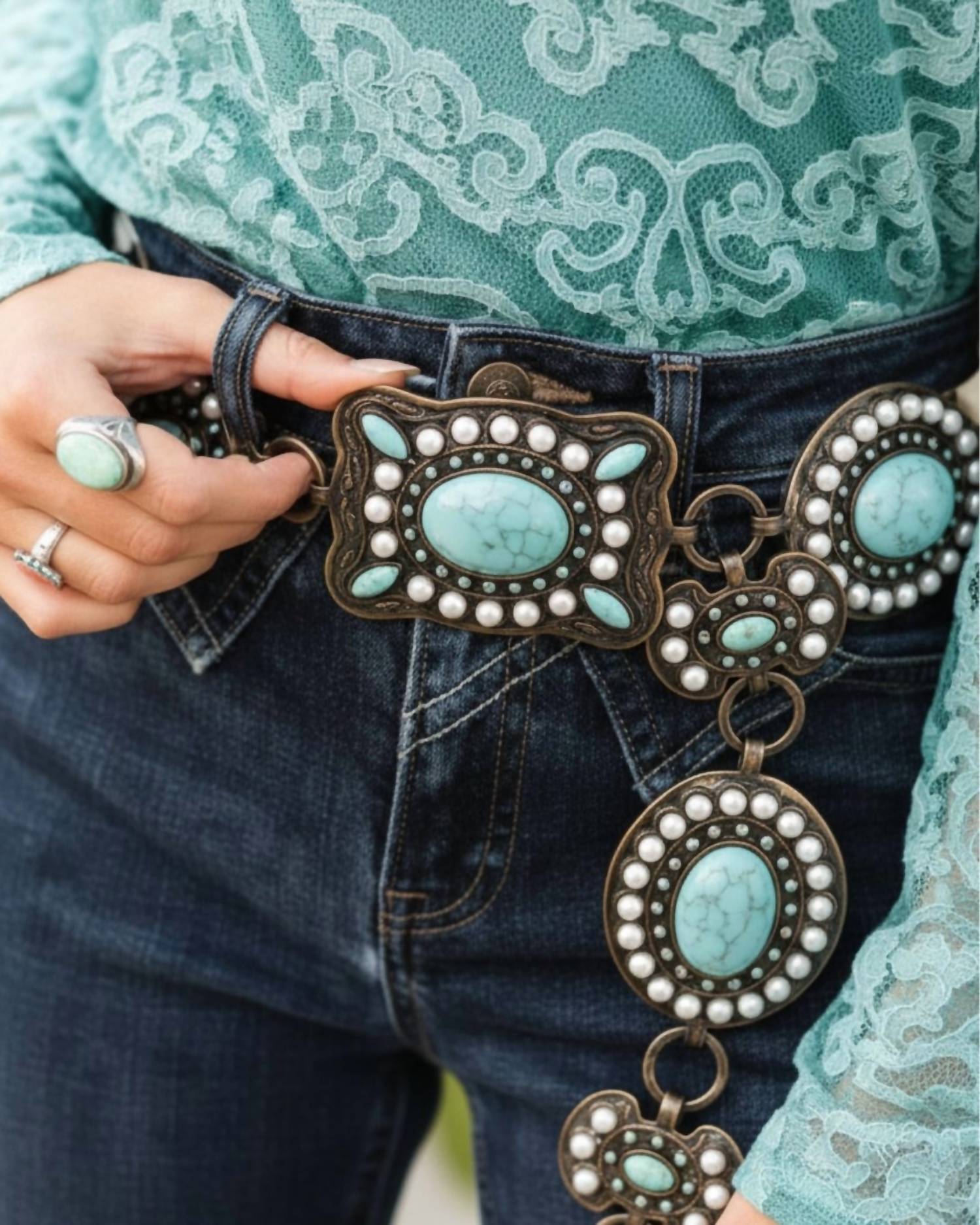 Lucky & Blessed Women's Stone Metal Chain Link Belt in ivory turquoise - women's accessory