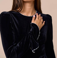 Lalavon - Velvet Touch Pearl Trim Long Sleeve Top