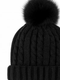 Mitchie'S Matchings - Women's Cable Knit Beanie With Fox Fur Pom Pom