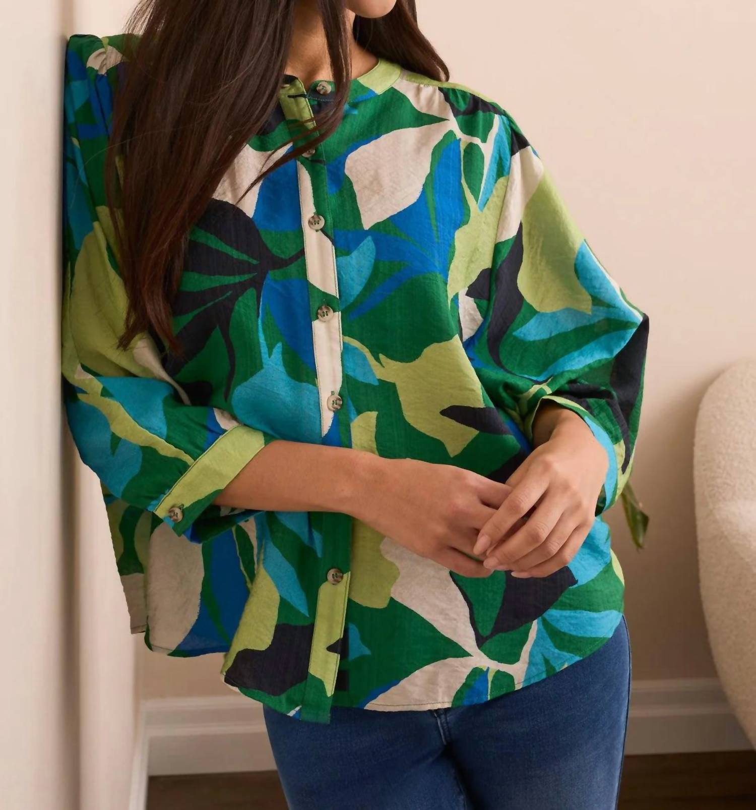 Tribal - Flowy Dolman Sleeve Blouse With Self Covering Buttons