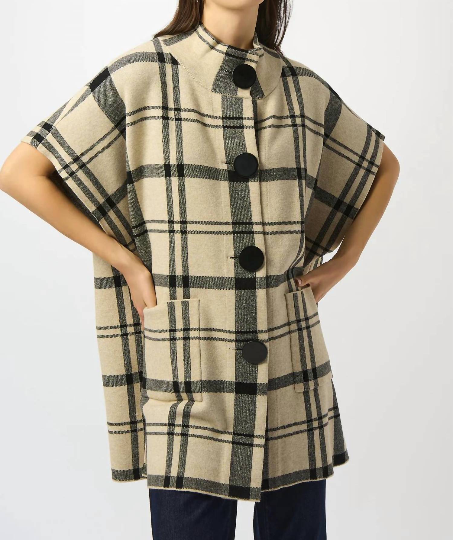 Joseph Ribkoff Plaid Poncho Top in champagne black - women's blouse