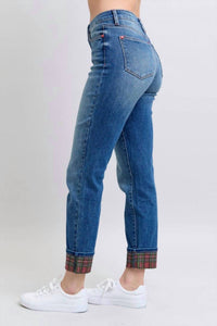 Judy Blue - Mid-rise Plaid Print Cuff Boyfriend Jeans