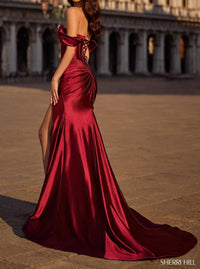 Sherri Hill Off The Shoulder Stretch Satin Prom Dress in burgundy - women's dress - detail view