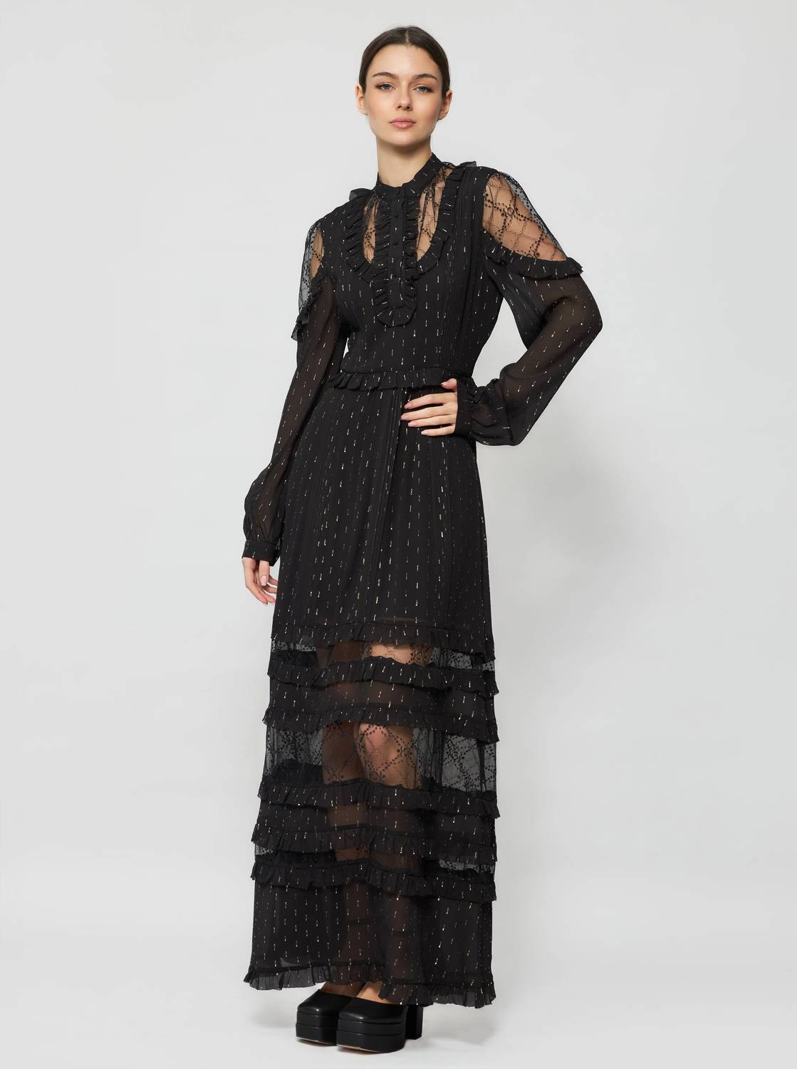 Solgo Atelier - Metallic Silk Ruffle Maxi Dress