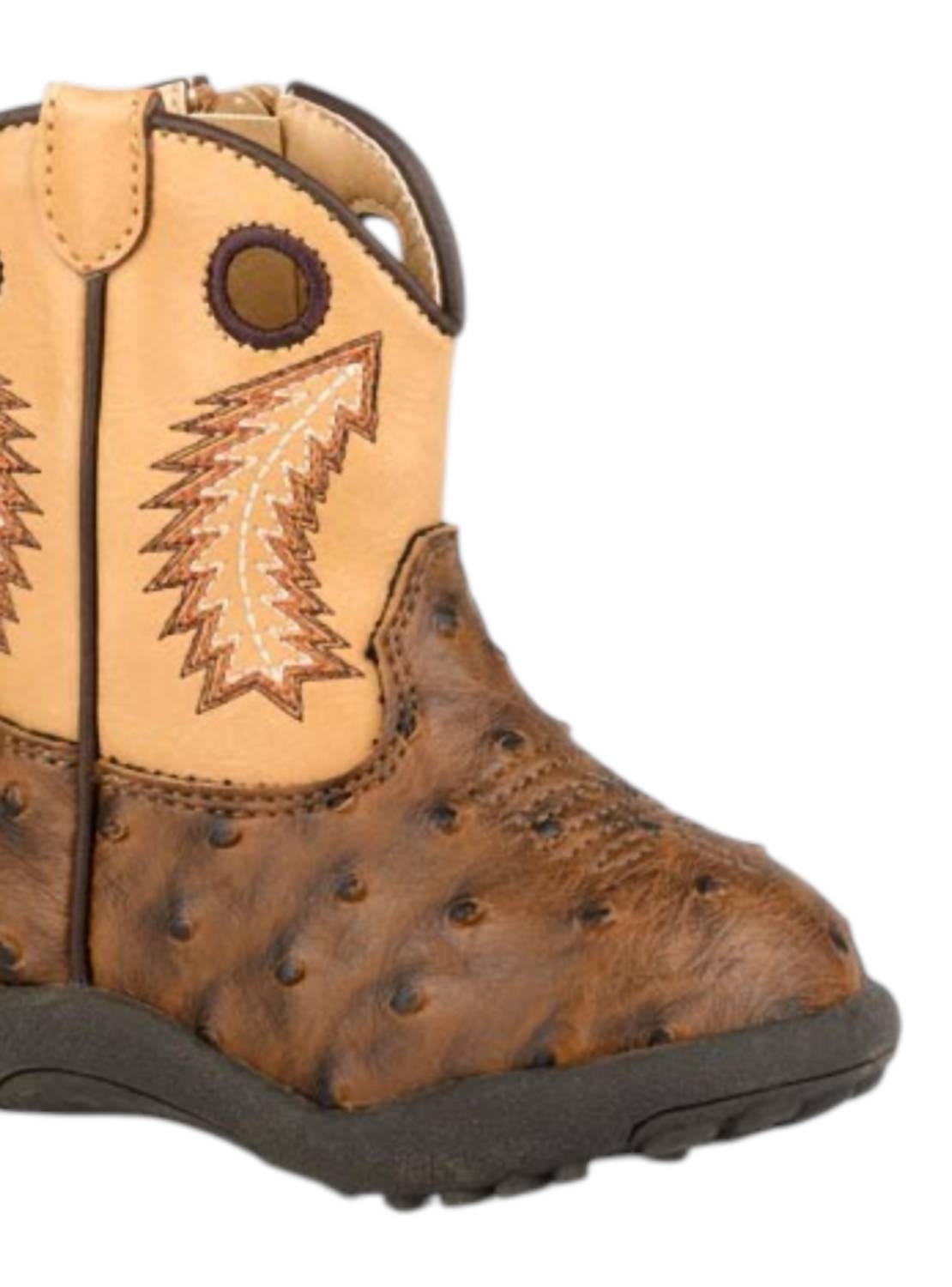 ROPER Boys Faux Ostrich Vamp Boot in brown - kids' boots - detail view