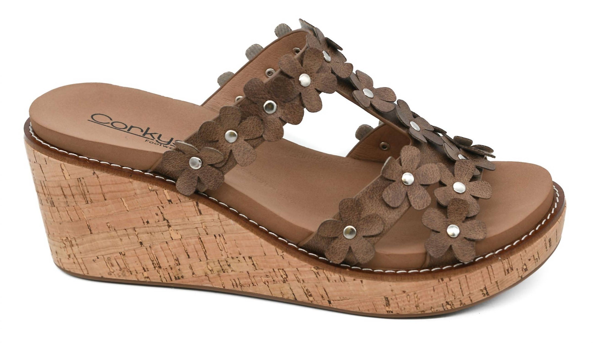 Corkys Footwear Women's Mic Drop Wedge Sandal in tan - women's shoe