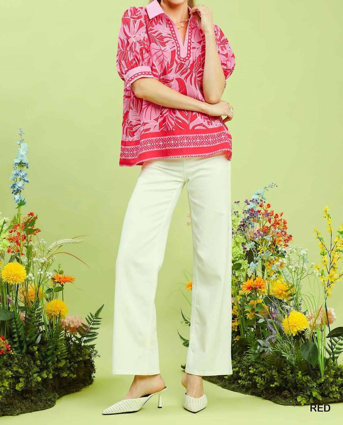 Umgee - Tropical Print Puff Sleeve Blouse