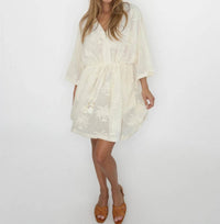 NIBI MTK Savannah Kaftan in cream palm embroidery - women's dress