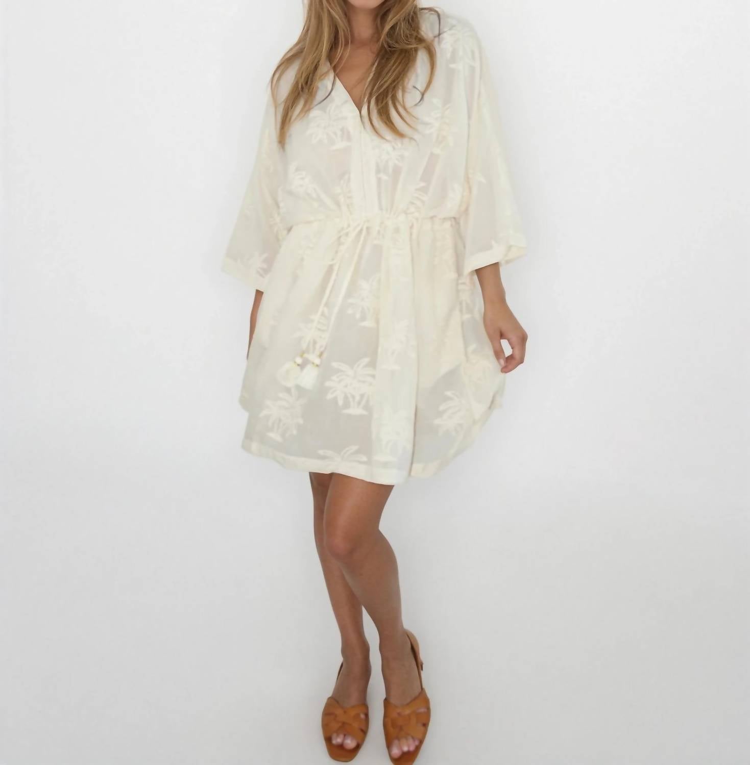 NIBI MTK Savannah Kaftan in cream palm embroidery - women's dress
