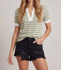 Doe And Rae - Split V-neck Striped Short Sleeve Top
