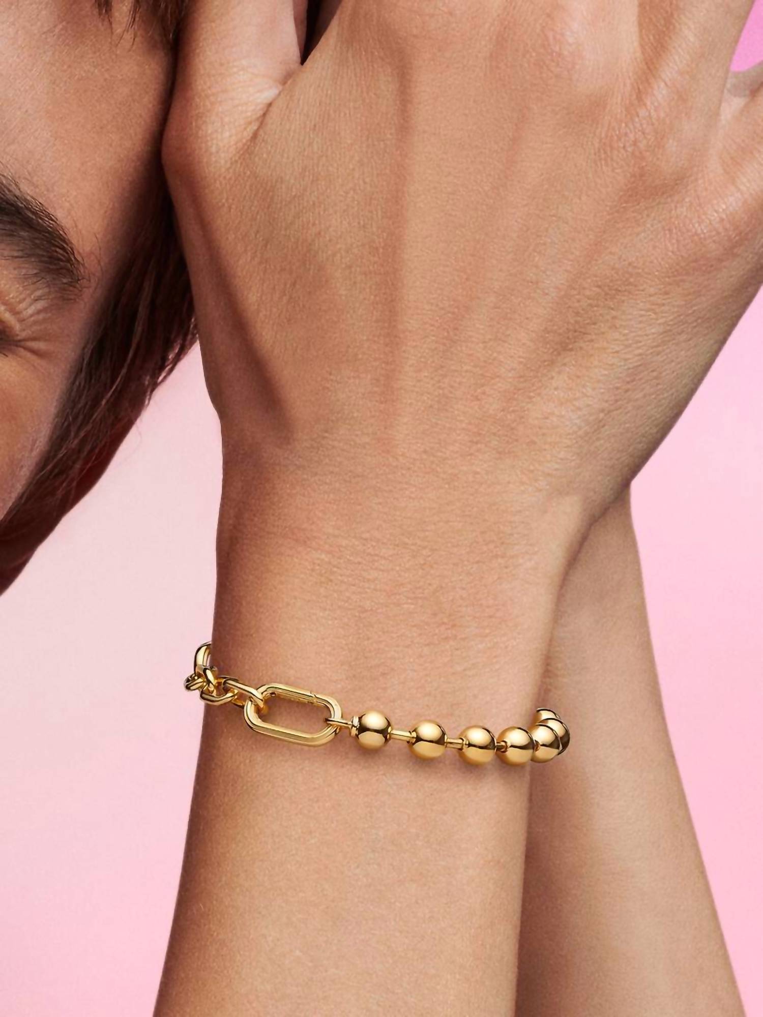 Pandora ME Metal Bead & Link Chain Bracelet in gold - women's jewelry - detail view