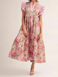 Jodifl Ruffled Cap Sleeves Floral Midi Dress in blushing bloom - women's dress