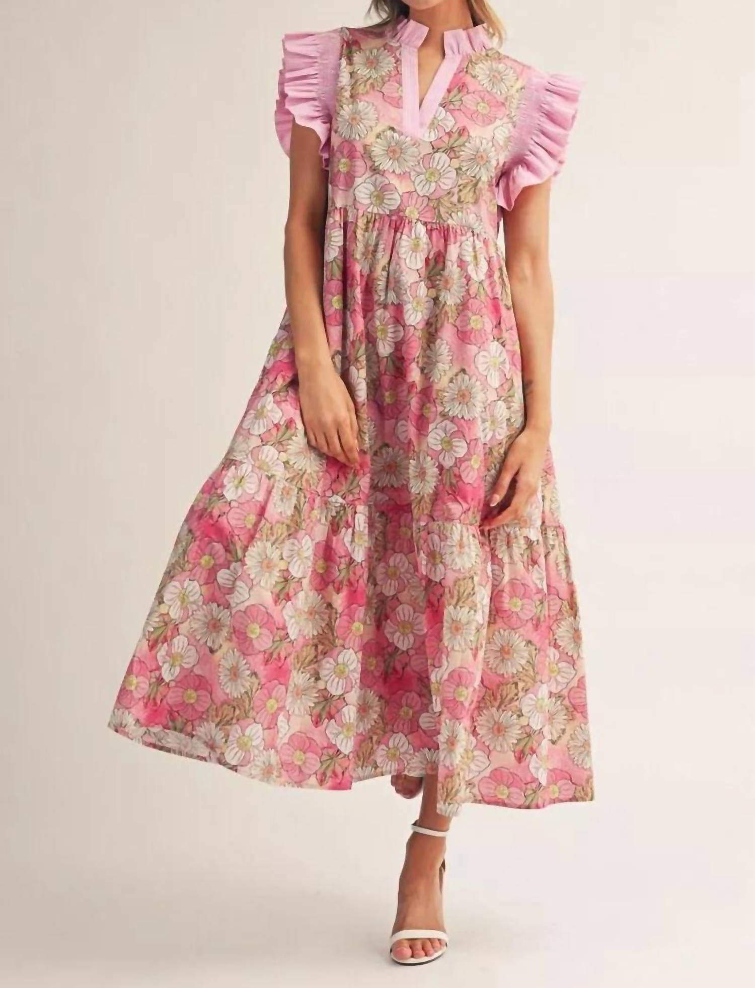Jodifl Ruffled Cap Sleeves Floral Midi Dress in blushing bloom - women's dress