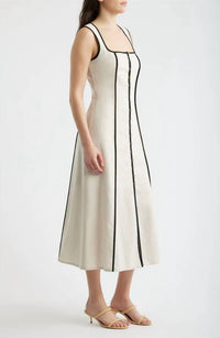 Zoe And Claire - Contrast Piping Square Neck Button Up Midi Dress