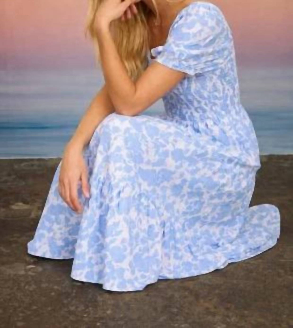 August Sky - Floral Puff Sleeve Smocked Tiered Midi Dress