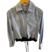 ELAN Women's Button Down Tie At Waist Top in blue stripe - women's shirt