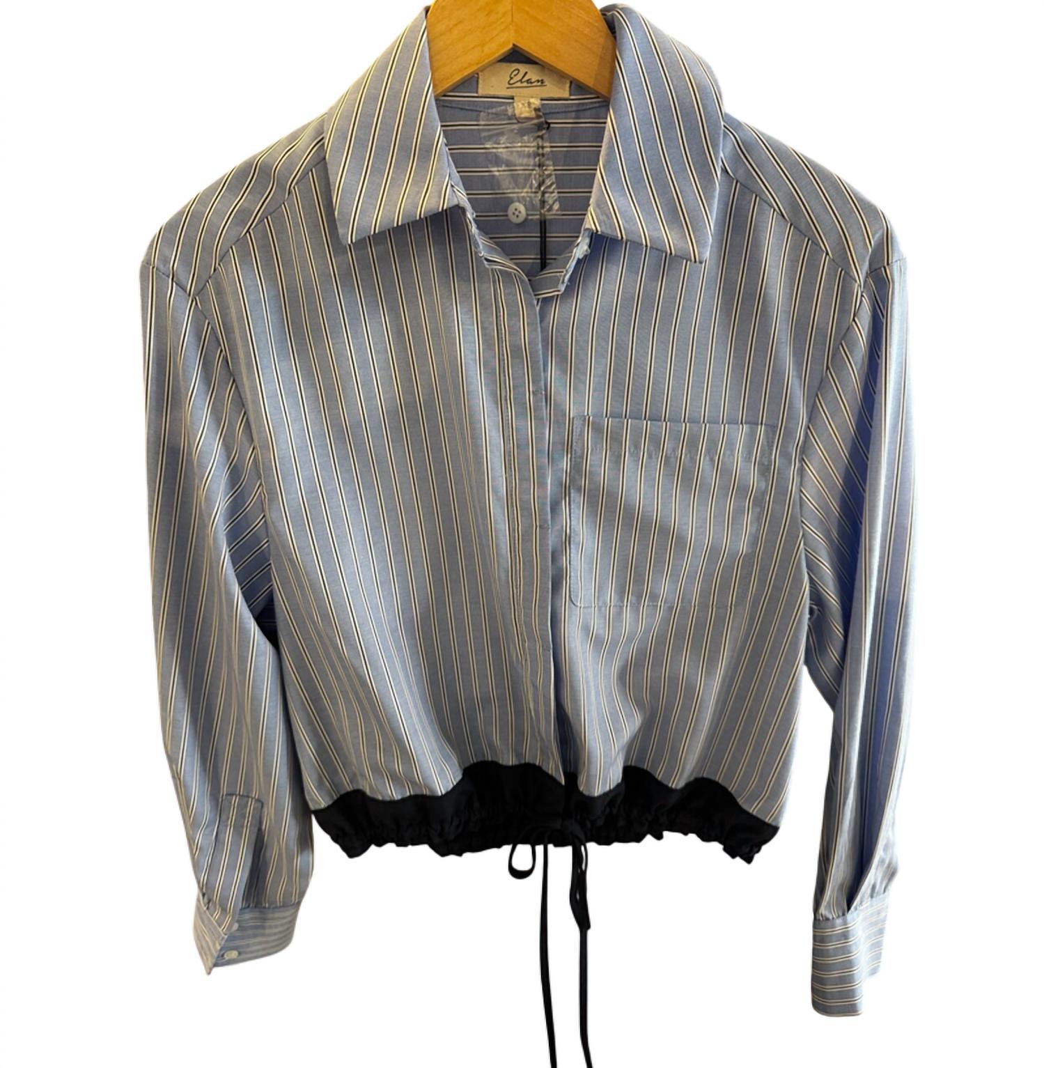 ELAN Women's Button Down Tie At Waist Top in blue stripe - women's shirt