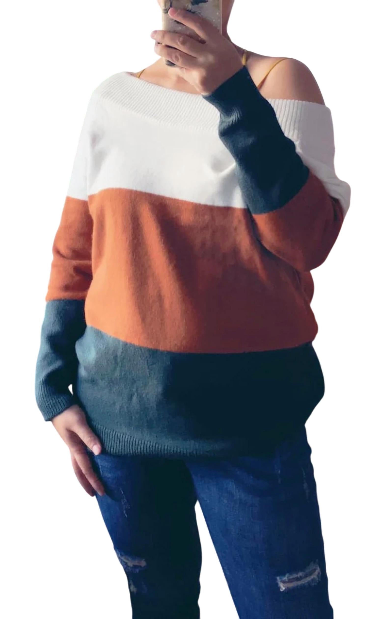 Shirley Stone - Color Block Off The Shoulder Sweater
