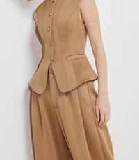FLYING TOMATO Solid Woven Vest Top in camel - women's jacket - detail view