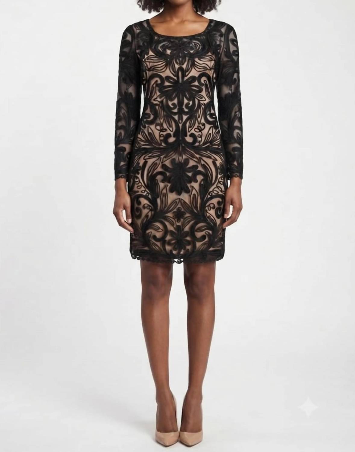 Sue Wong - Women's Sleeve Floral Embroidered Mesh Dress