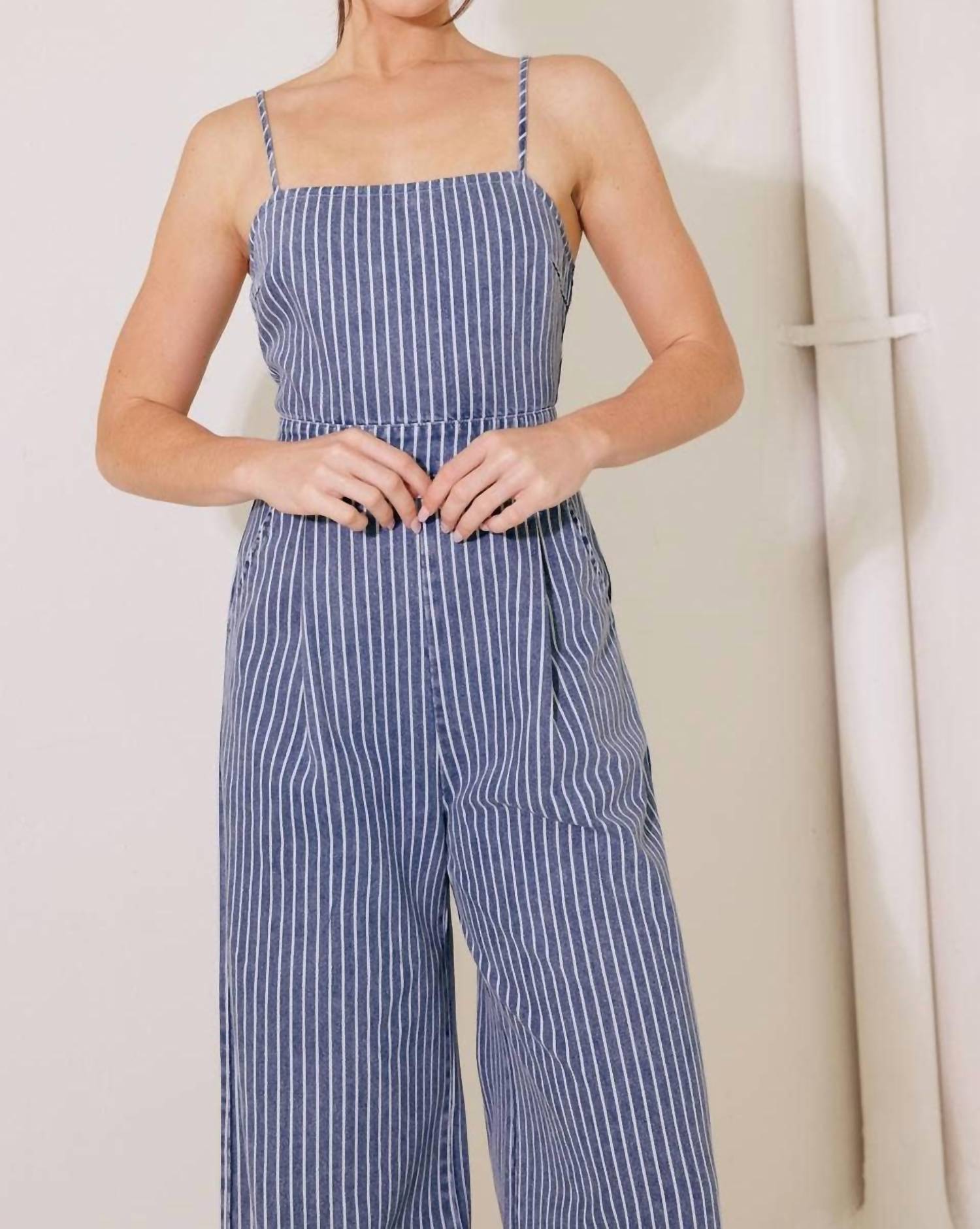 Flying Tomato - Washed Striped Denim Jumpsuit