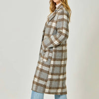 mystree Plaid Long Coat in grey taupe - women's jacket - detail view