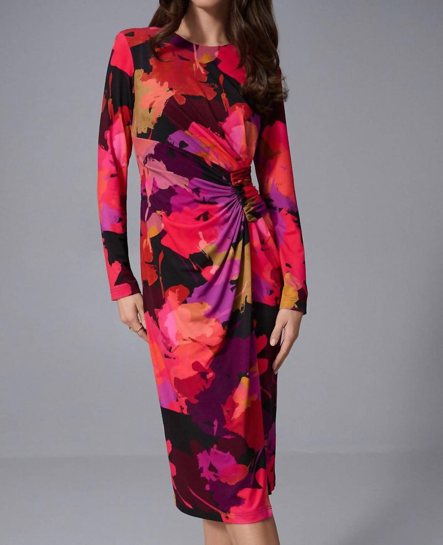 Joseph Ribkoff Women's Matte Jersey Drapé Dress in red pink multicolor - women's long sleeve top