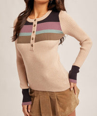 Hem & Thread - Color Block Rib Henley Sweater Top