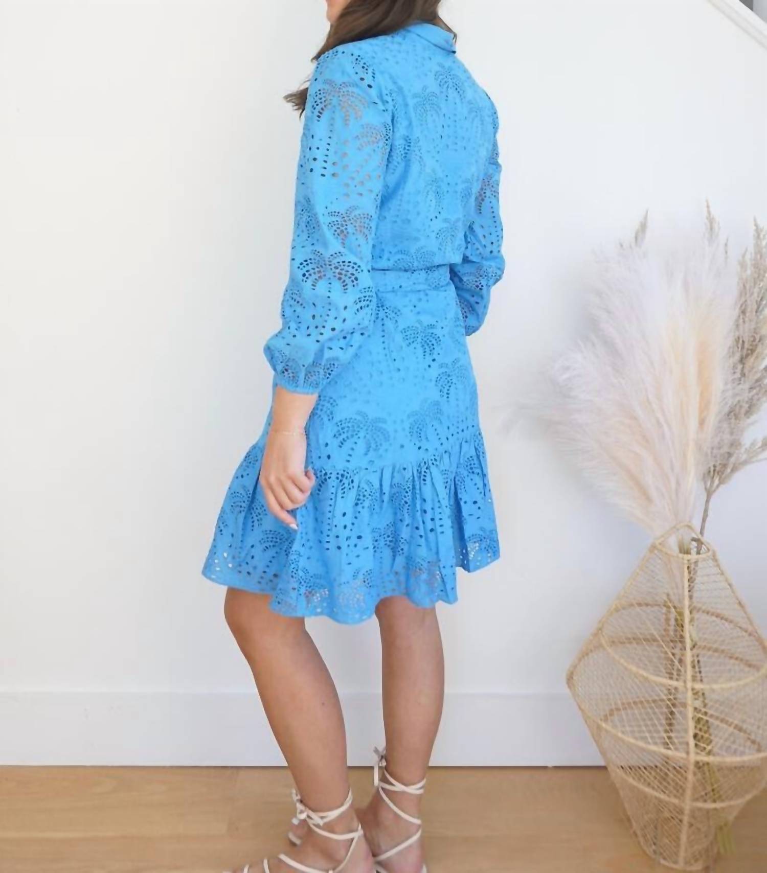 NIBI MTK Georgia Palm Eyelet Dress in blue - women's dress - detail view