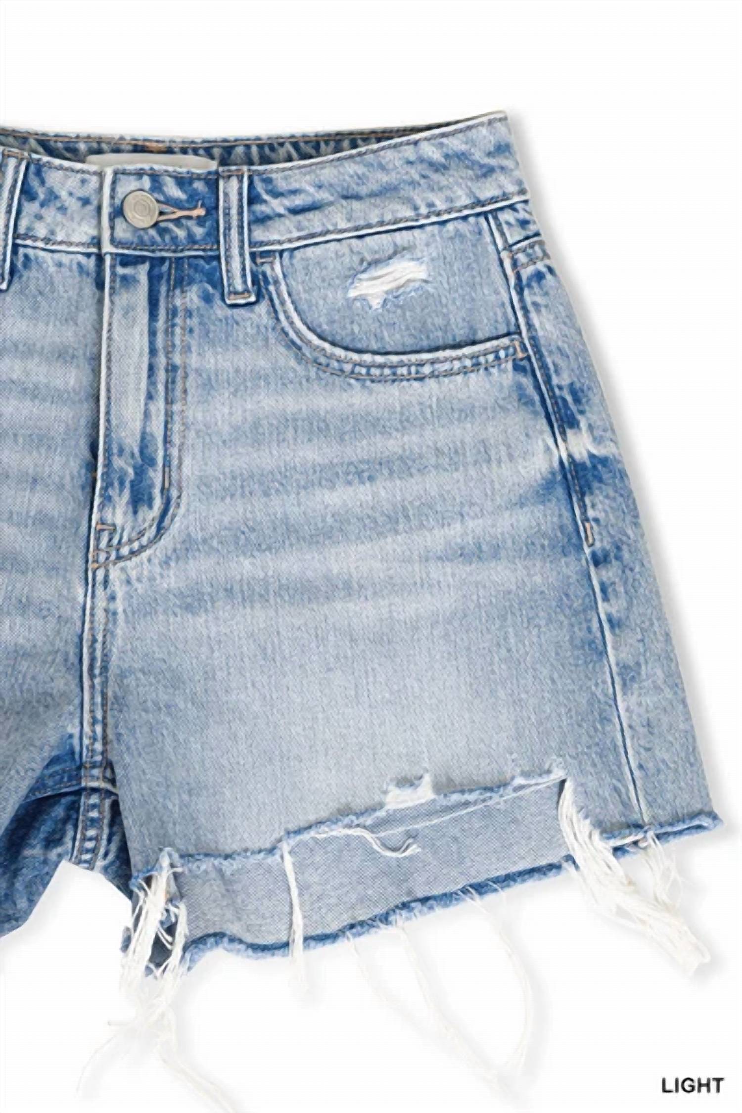 Zenana - Light Distressed Hem Denim Shorts