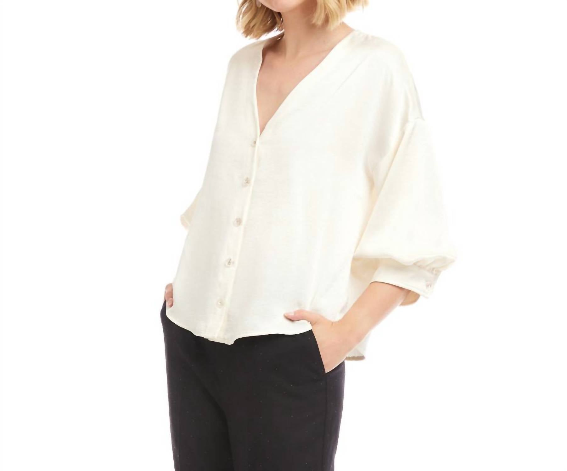 Karen Kane Lantern Sleeve Crystal Rhinestone Button Satin Top - Petite in cream - women's blouse - detail view