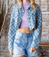 Veveret - Denim Check Print Crop Shirt Jacket